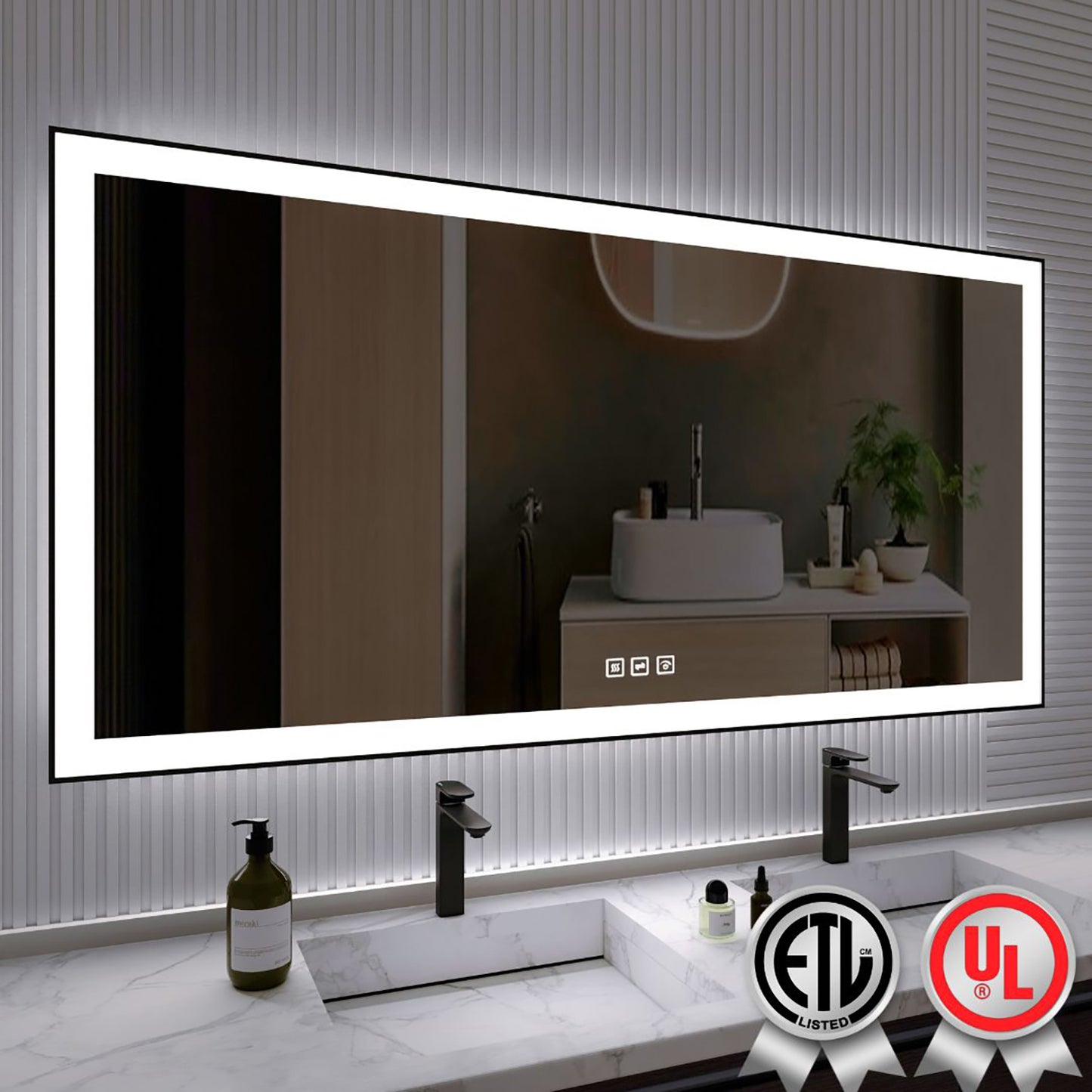 Waterpar® 72 in. W x 36 in. H Rectangular Framed Anti-Fog LED Wall Bathroom Vanity Mirror in Black with Backlit and Front Light