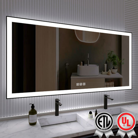 Waterpar® 72 in. W x 36 in. H Rectangular Framed Anti-Fog LED Wall Bathroom Vanity Mirror in Black with Backlit and Front Light