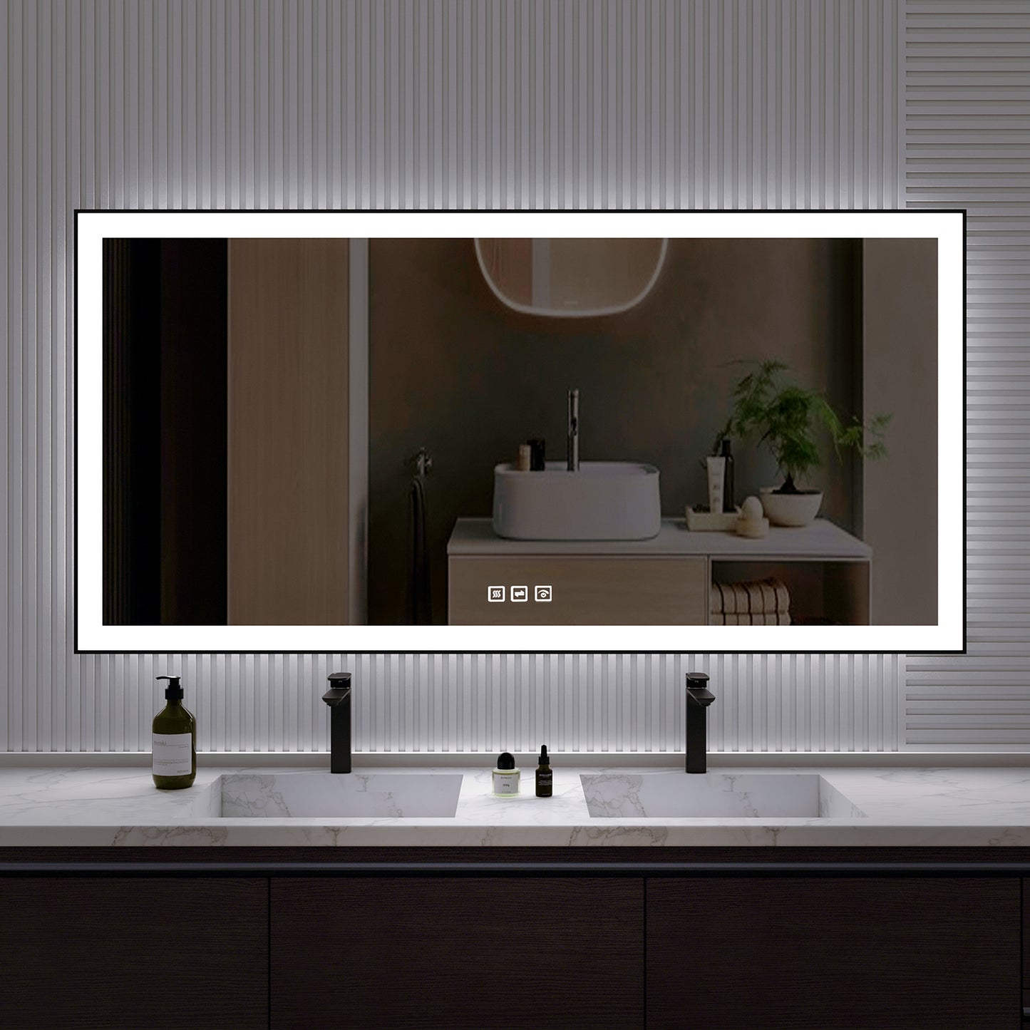 Waterpar® 72 in. W x 36 in. H Rectangular Framed Anti-Fog LED Wall Bathroom Vanity Mirror in Black with Backlit and Front Light