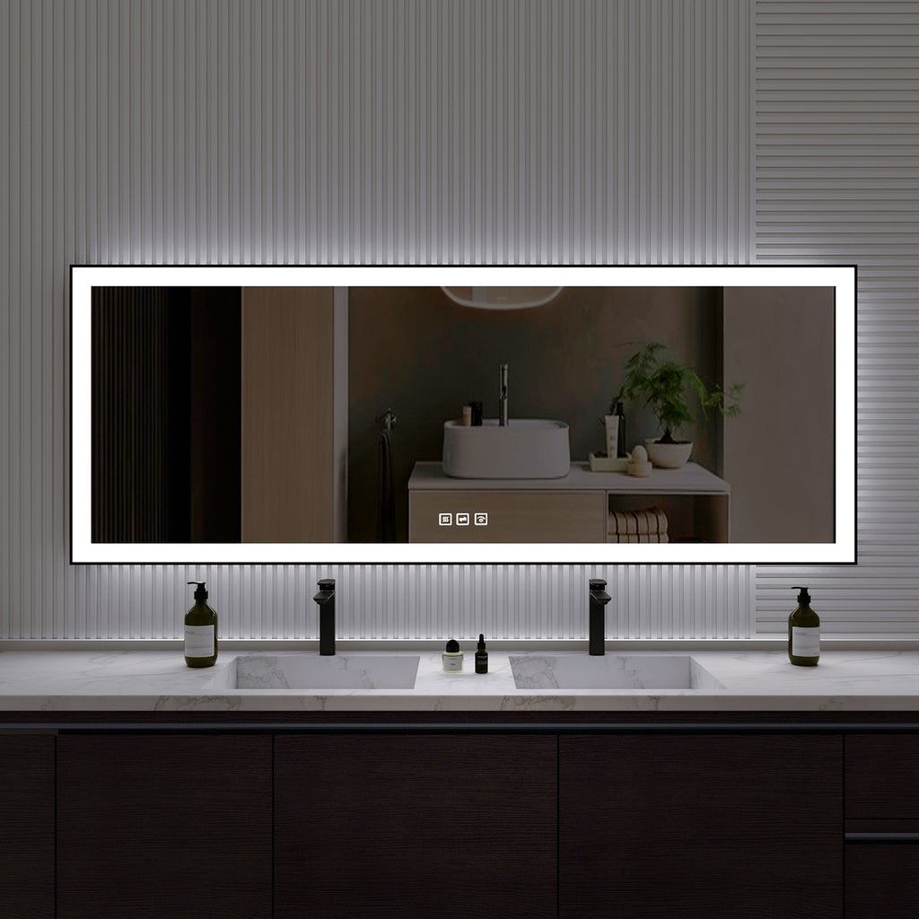 Waterpar® 84 in. W x 32 in. H Rectangular Framed Anti-Fog LED Wall Bathroom Vanity Mirror in Black with Backlit and Front Light