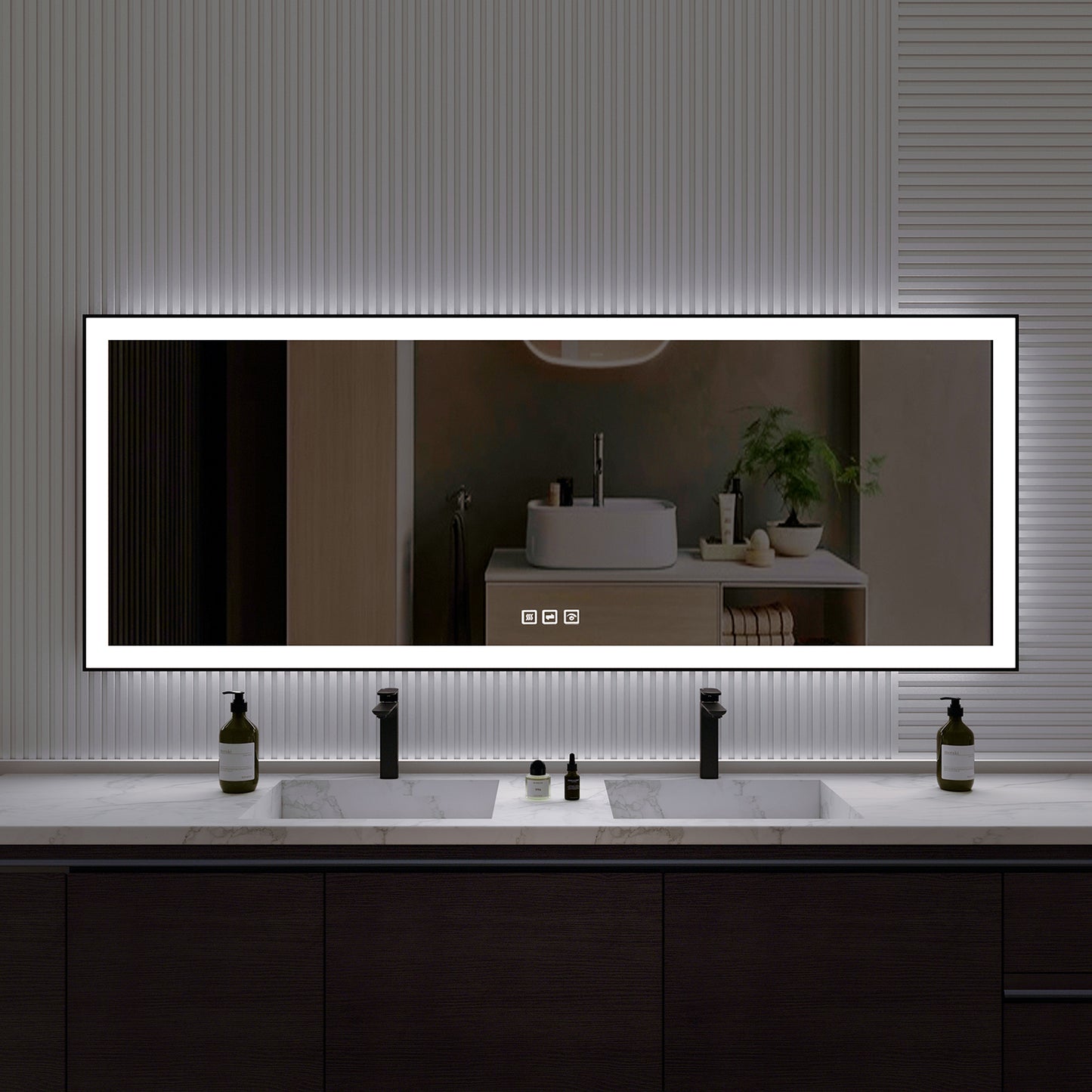 Waterpar® 84 in. W x 32 in. H Rectangular Framed Anti-Fog LED Wall Bathroom Vanity Mirror in Black with Backlit and Front Light