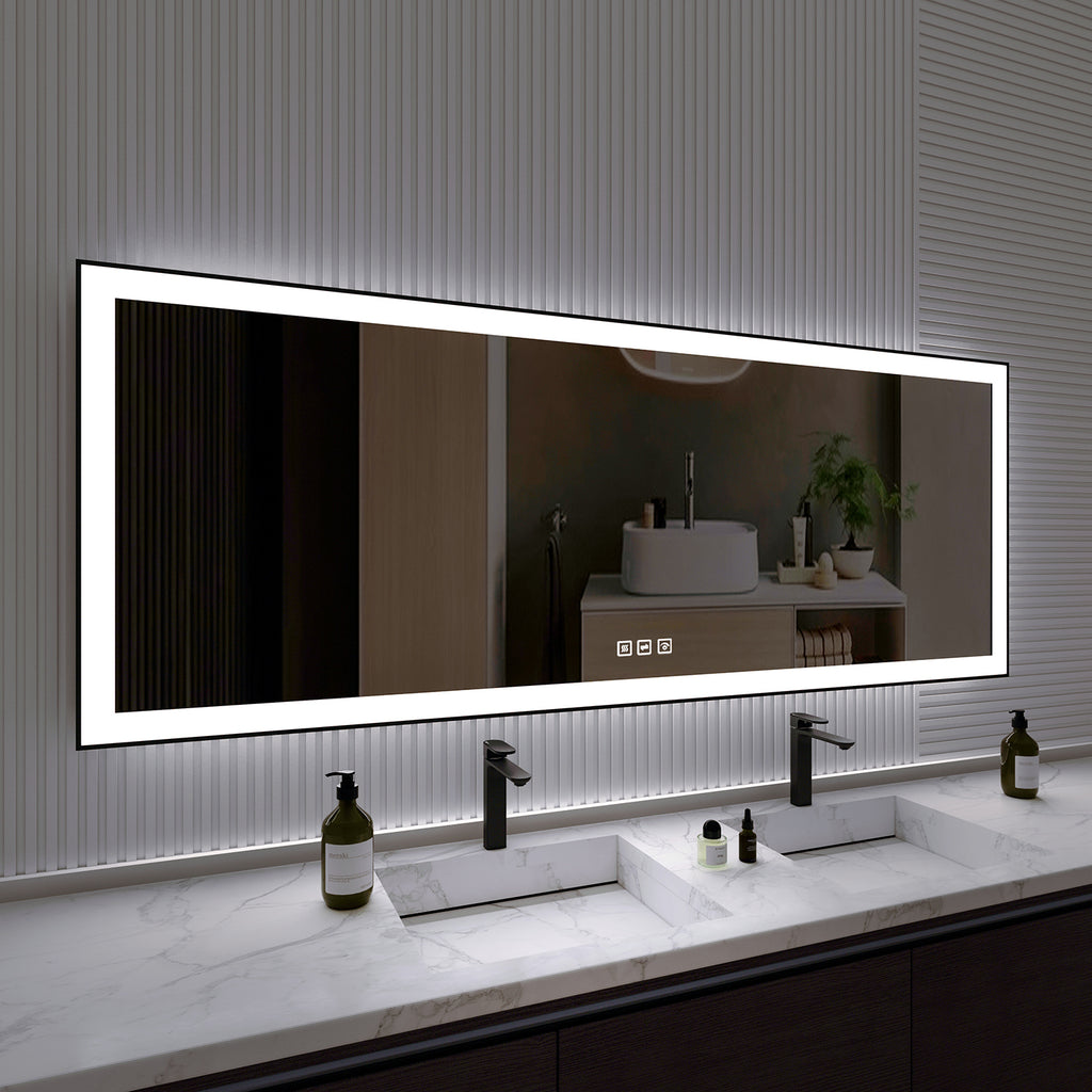 Waterpar® 84 in. W x 32 in. H Rectangular Framed Anti-Fog LED Wall Bathroom Vanity Mirror in Black with Backlit and Front Light