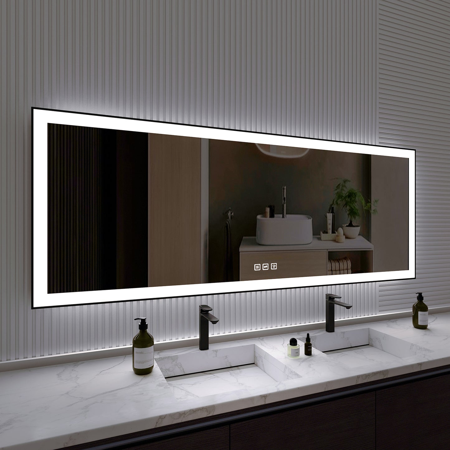 Waterpar® 84 in. W x 32 in. H Rectangular Framed Anti-Fog LED Wall Bathroom Vanity Mirror in Black with Backlit and Front Light