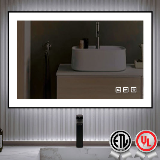 Waterpar® 36 in. W x 28 in. H Rectangular Framed Anti-Fog LED Wall Bathroom Vanity Mirror in Black with Backlit and Front Light