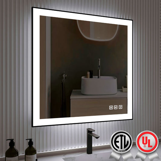 Waterpar® 36 in. W x 36 in. H Rectangular Framed Anti-Fog LED Wall Bathroom Vanity Mirror in Black with Backlit and Front Light