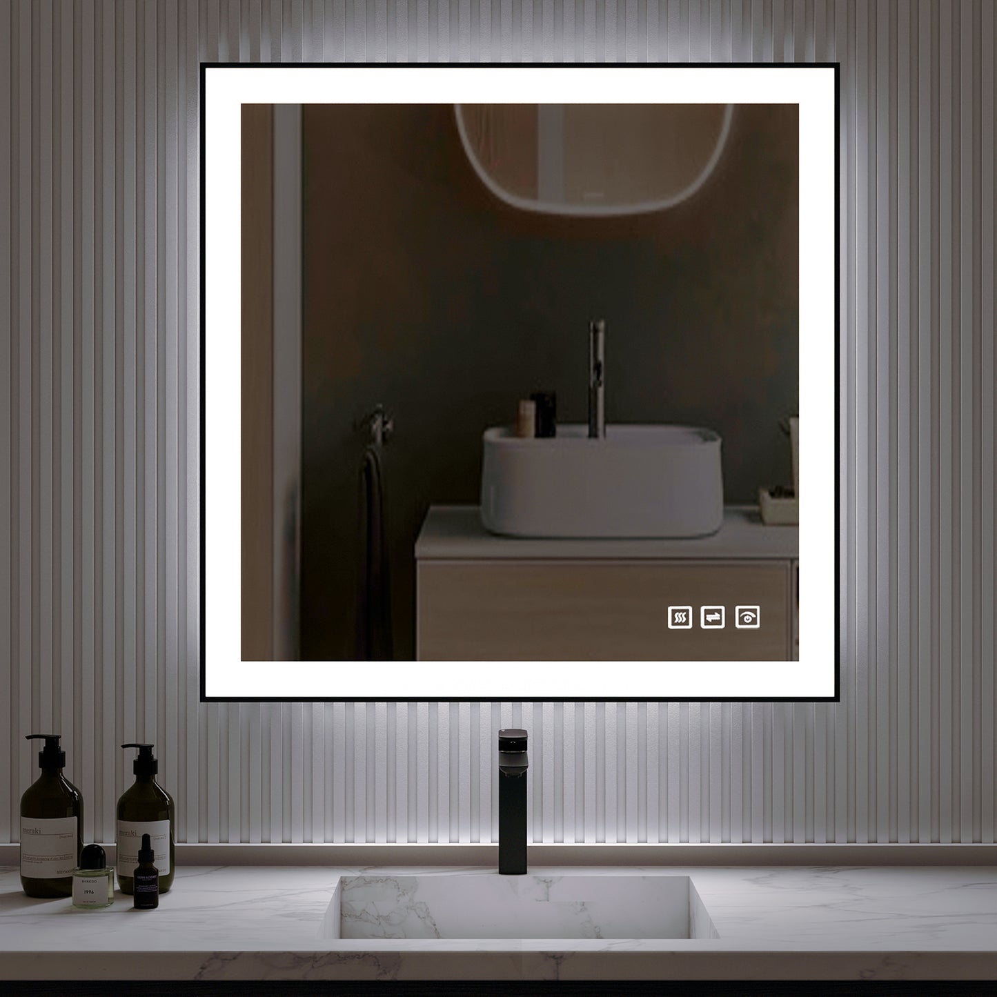 Waterpar® 36 in. W x 36 in. H Rectangular Framed Anti-Fog LED Wall Bathroom Vanity Mirror in Black with Backlit and Front Light