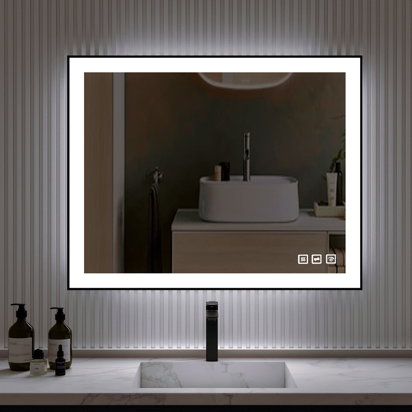 Waterpar® 40 in. W x 32 in. H Rectangular Framed Anti-Fog LED Wall Bathroom Vanity Mirror in Black with Backlit and Front Light