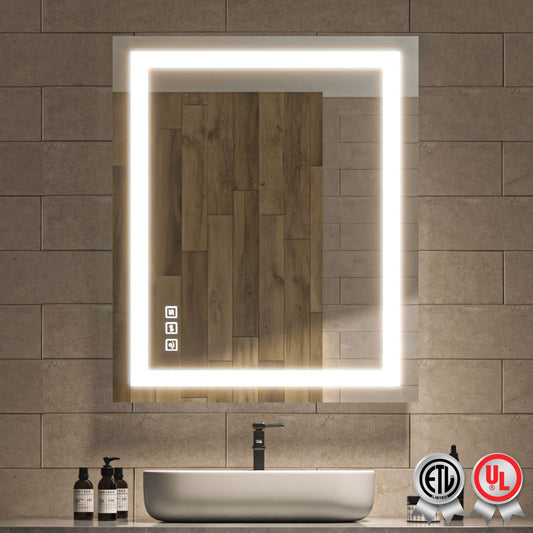 Waterpar® 30 in. W x 36 in. H LED Large Rectangular Frameless Anti-Fog Wall Bathroom Mirror Front Light