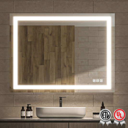 Waterpar® 48 in. W x 36 in. H Large Rectangular Frameless LED Light Anti-Fog Wall Bathroom Vanity Mirror