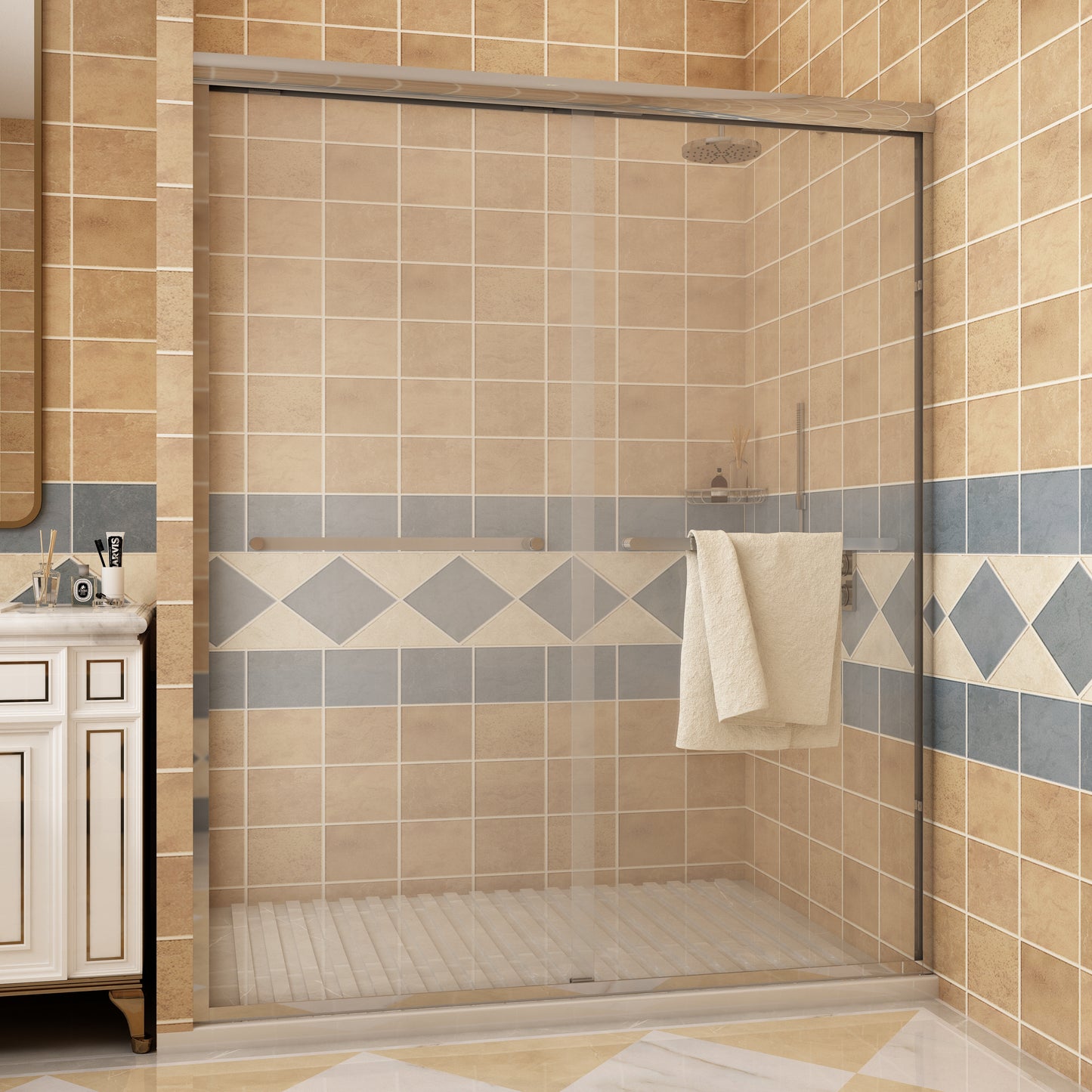 Waterpar® 56-60 in. W x 72 in. H Sliding Semi-Frameless Shower Door with Double Towel Bars