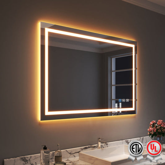 Waterpar® 48 in. W x 32 in. H LED Large Rectangular Frameless Anti-Fog Bathroom Mirror Front & Backlit