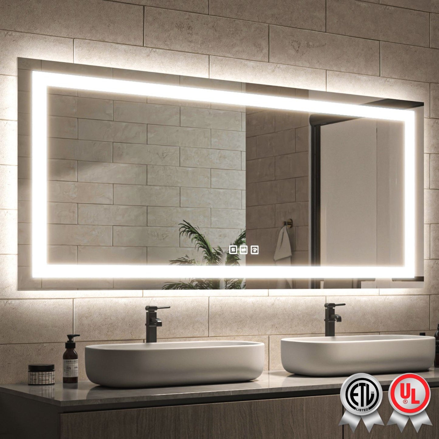 Waterpar® 60 in. W x 28 in. H LED Large Rectangular Frameless Anti-Fog Bathroom Mirror Front & Backlit