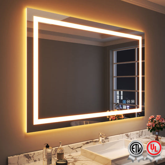 Waterpar® 60 in. W x 40 in. H Rectangular Frameless Wall Bathroom Vanity Mirror with Backlit and Front Light