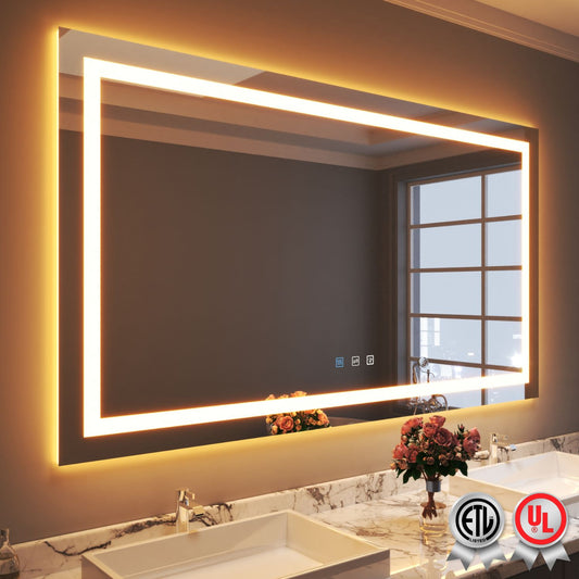 Waterpar® 72 in. W x 40 in. H Rectangular Frameless Wall Bathroom Vanity Mirror with Backlit and Front Light