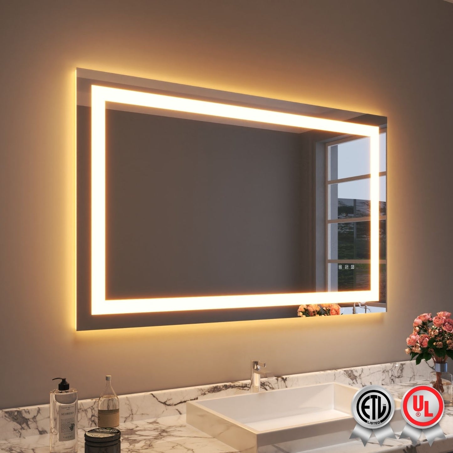 Waterpar® 48 in. W x 30 in. H LED Rectangular Frameless Anti-Fog Bathroom Mirror Front Light & Backlit