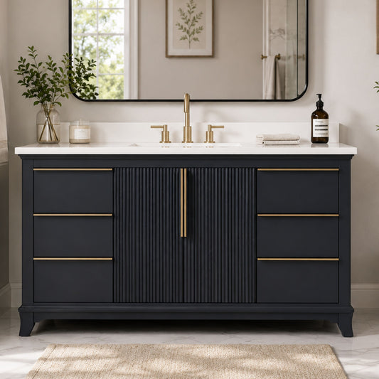 Waterpar® 48 in. W x 34.5 in. H x 22 in. D Single Sink Freestanding Bathroom Vanity in Midnight Blue with Carrara Engineered Stone Top and Backsplash, Assembled
