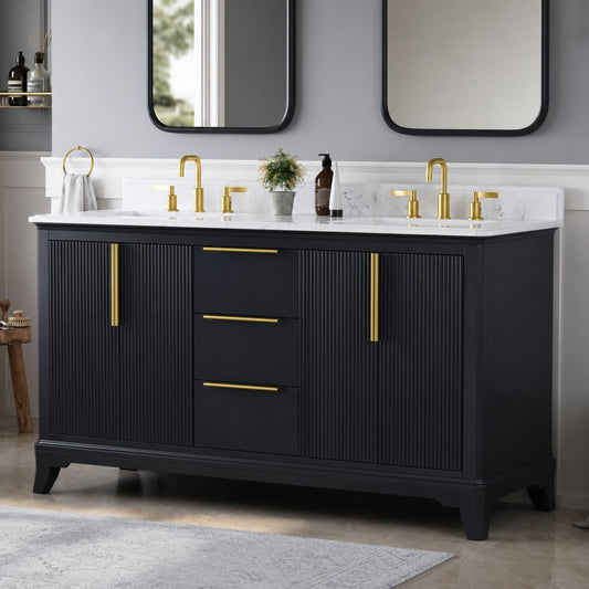 Waterpar® 60 in. W x 34.5 in. H x 22 in. D Double Sink Freestanding Bathroom Vanity in Midnight Blue with Carrara Engineered Stone Top and Backsplash, Assembled