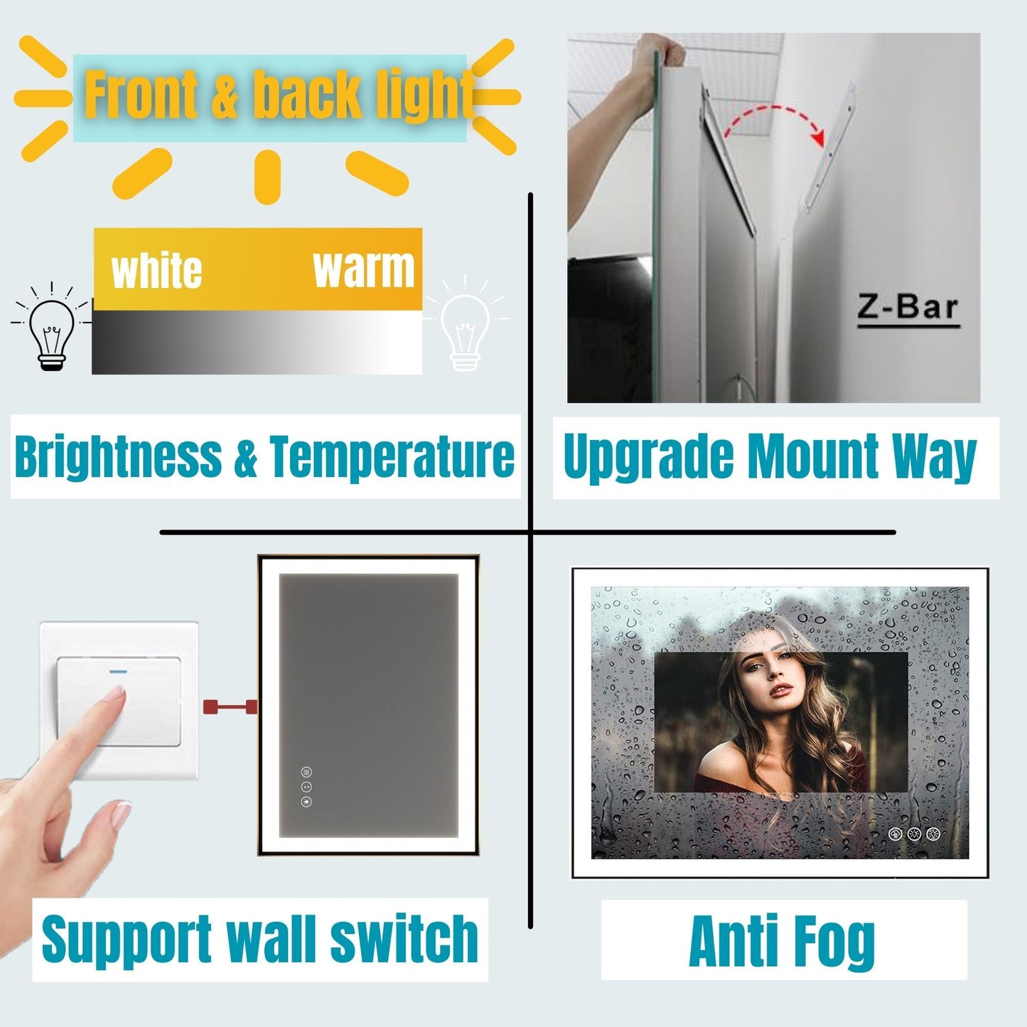 Waterpar® 36 in. W x 36 in. H Rectangular Framed Anti-Fog LED Wall Bathroom Vanity Mirror in Black with Backlit and Front Light