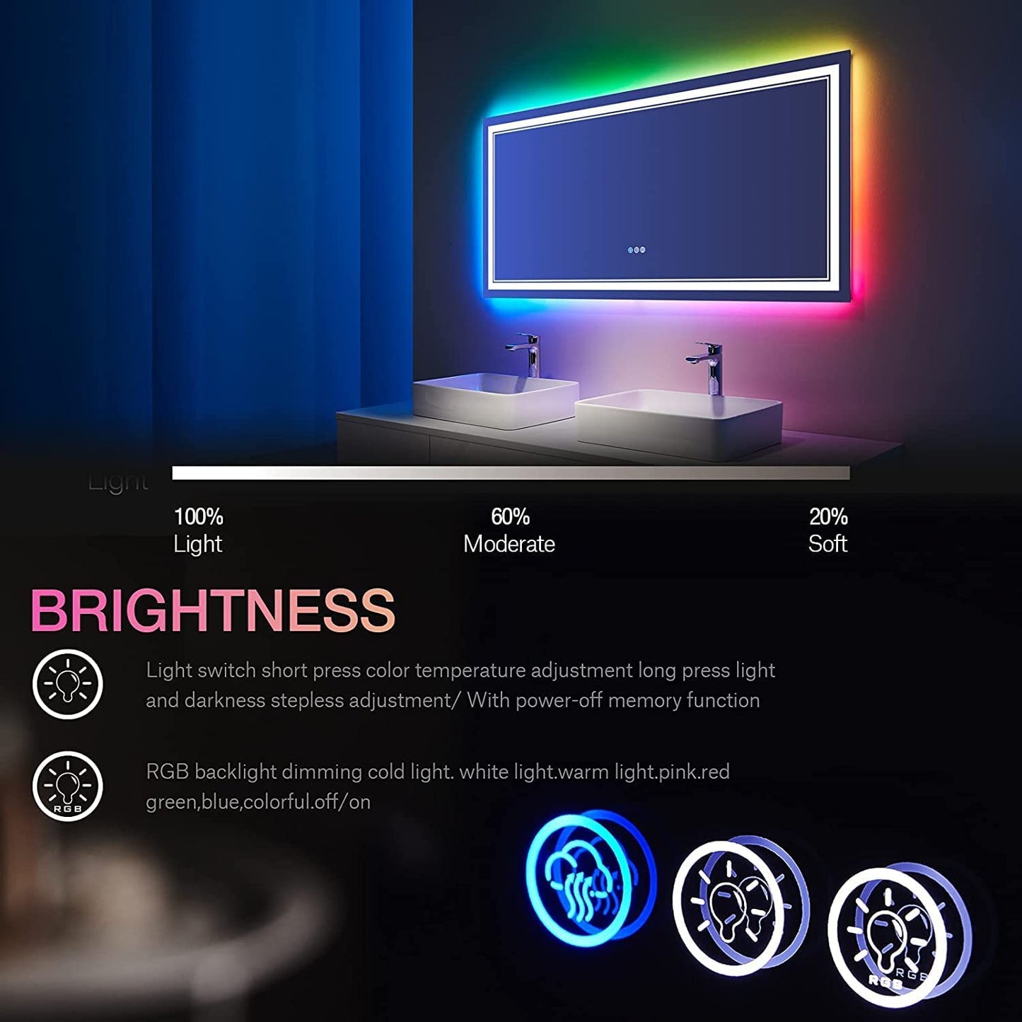 Waterpar® 60x28 in. Led Large Rectangular RGB Anti-Fog Bathroom Mirror Front & Backlit