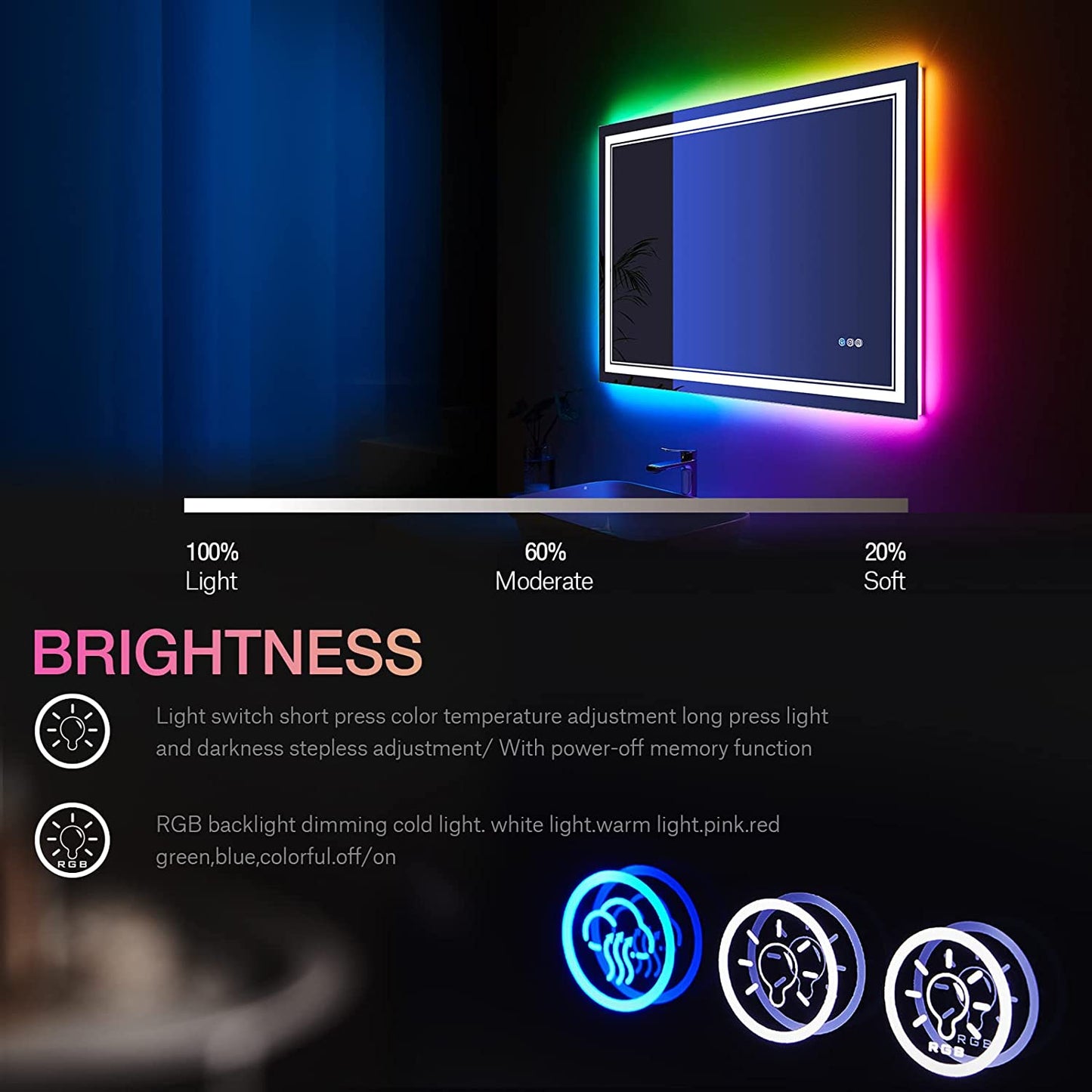 Waterpar® 40x24 in. Led Rectangular RGB Anti-Fog Bathroom Mirror Front & Backlit