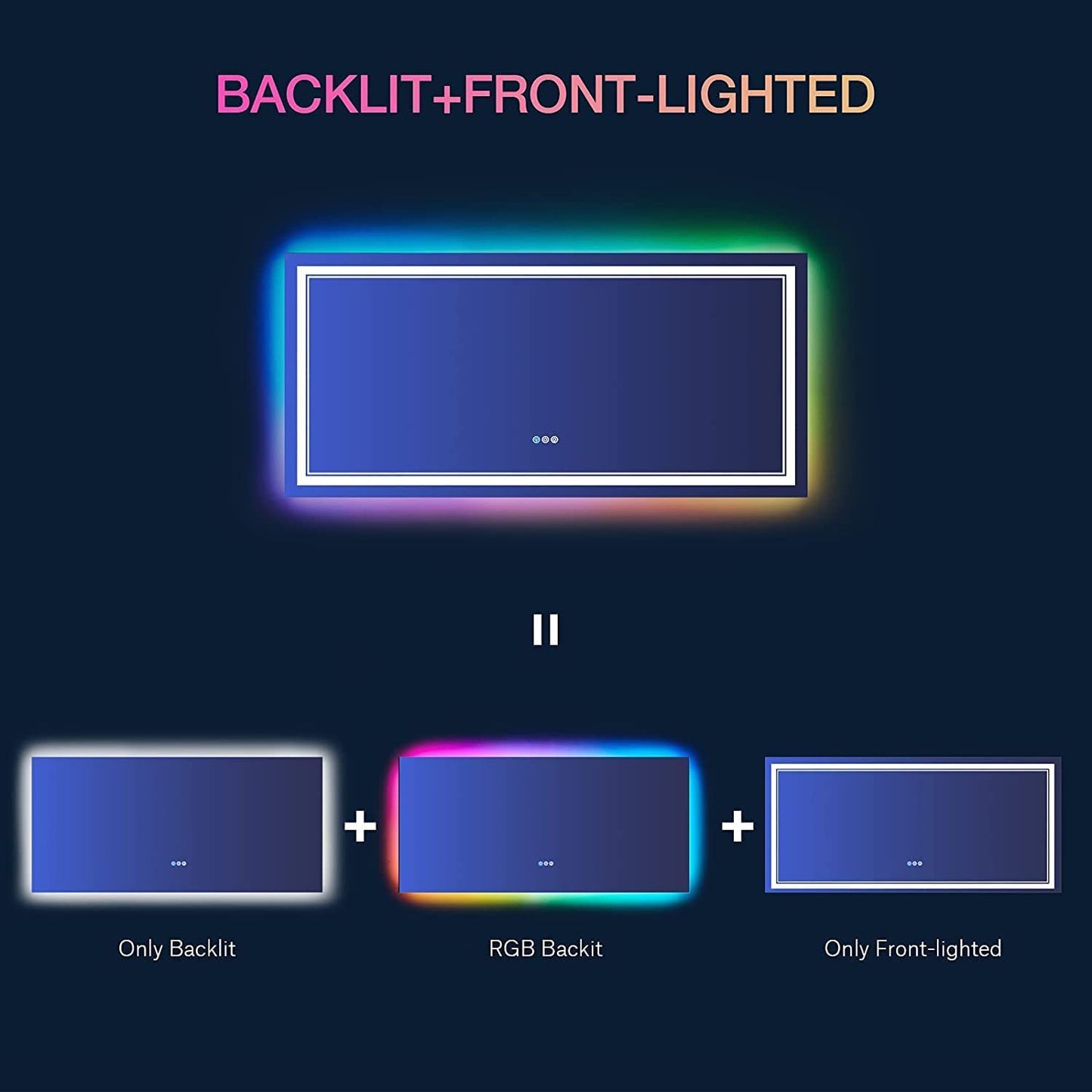 Waterpar® 60x28 in. Led Large Rectangular RGB Anti-Fog Bathroom Mirror Front & Backlit