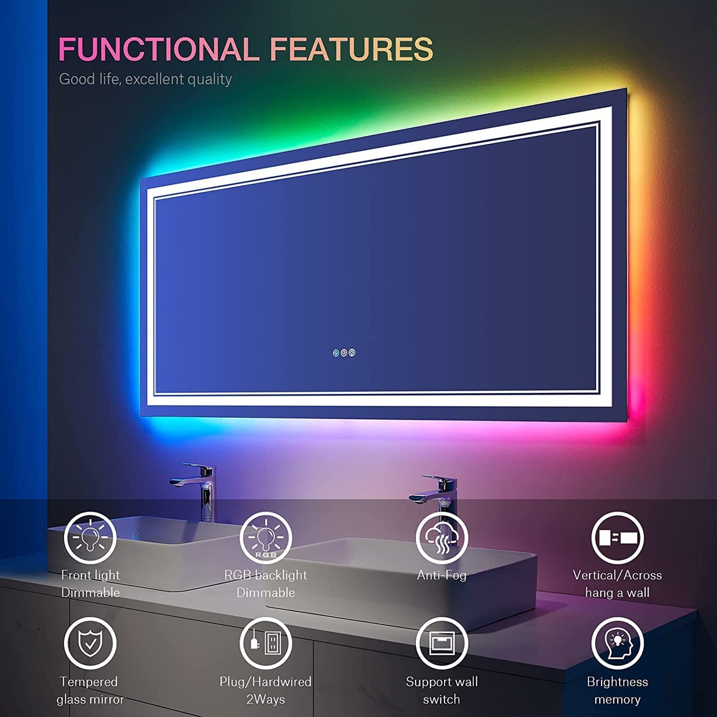 Waterpar® 60x28 in. Led Large Rectangular RGB Anti-Fog Bathroom Mirror Front & Backlit