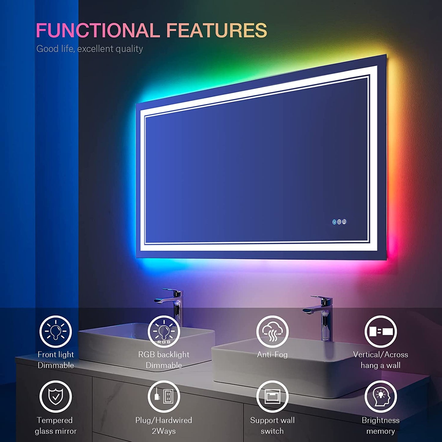 Waterpar® 40x24 in. Led Rectangular RGB Anti-Fog Bathroom Mirror Front & Backlit